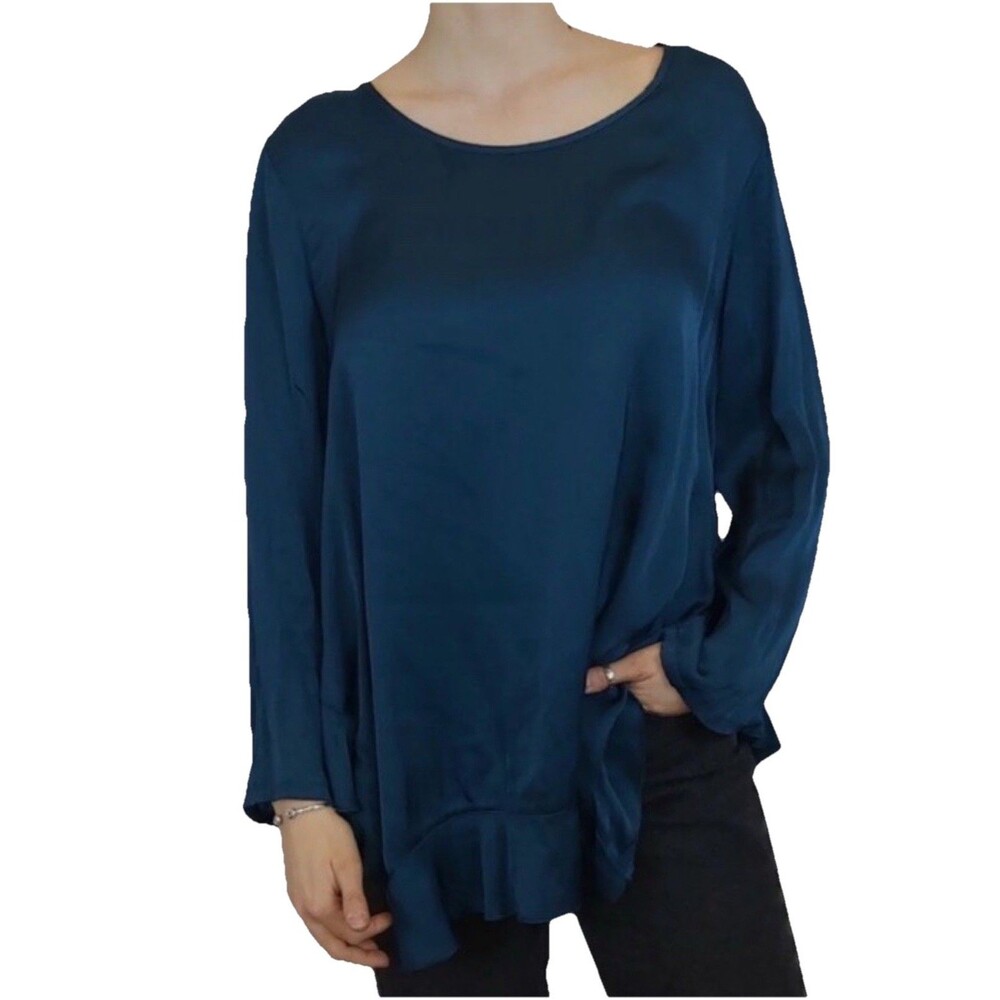 Anthropologie Amadi Women's teal Blue Blouse Satin sz M Medium Office Workwear